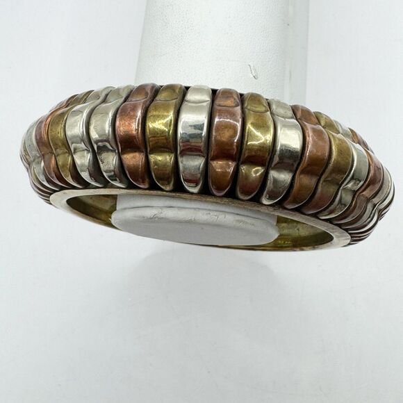 Vtg Bohemian Mixed Metal Large Chunky Indian Bangle Bracelet Silver Brass Copper - Picture 4 of 14